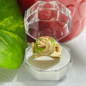 Gold Dragon Ring with Green Enamel